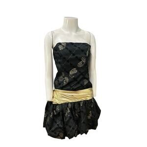 Vintage 1980s Black & Gold Strapless Bubble Hem Mini Dress -